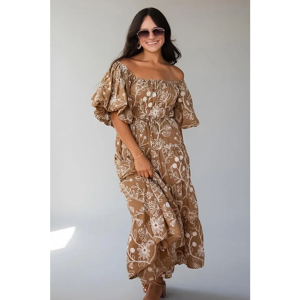 Autumn Meadow Taupe Floral Puff Sleeve Midi Dress