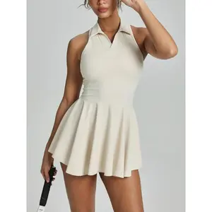 Women’s solid-color pleated tennis dress with collar and free matching shorts; casual sleeveless athletic dress for daily outdoor sports; ladies sportswear for summer; tennis attire