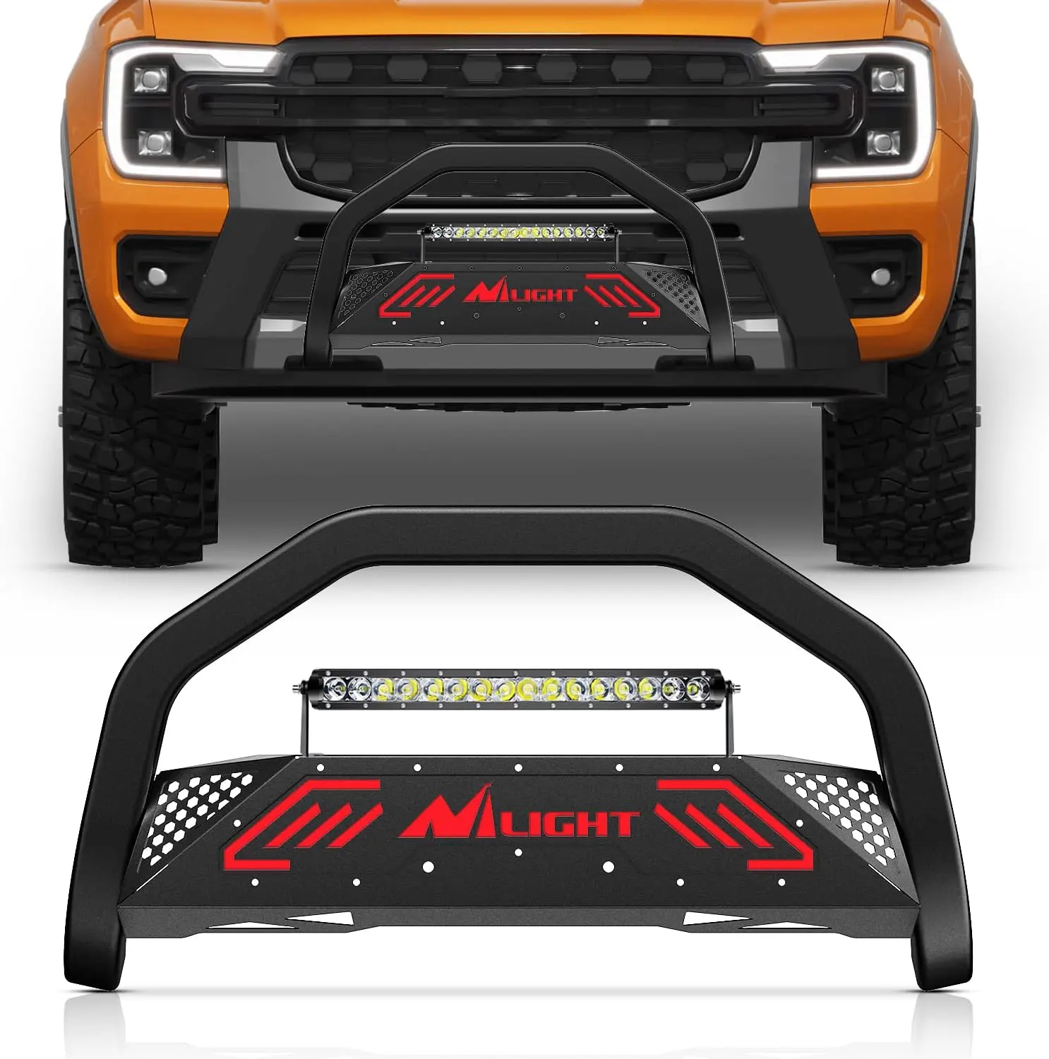 Nilight Bull Bar&License Plate Hole with LED Light Bar Compatible with Ford Ranger 2019 2020 2021 2022 2023 Truck Brush Guard, Front Bumper Push Bar w/Grille Skid Plate Light Mount, Off Road Lights, Light Bar Car