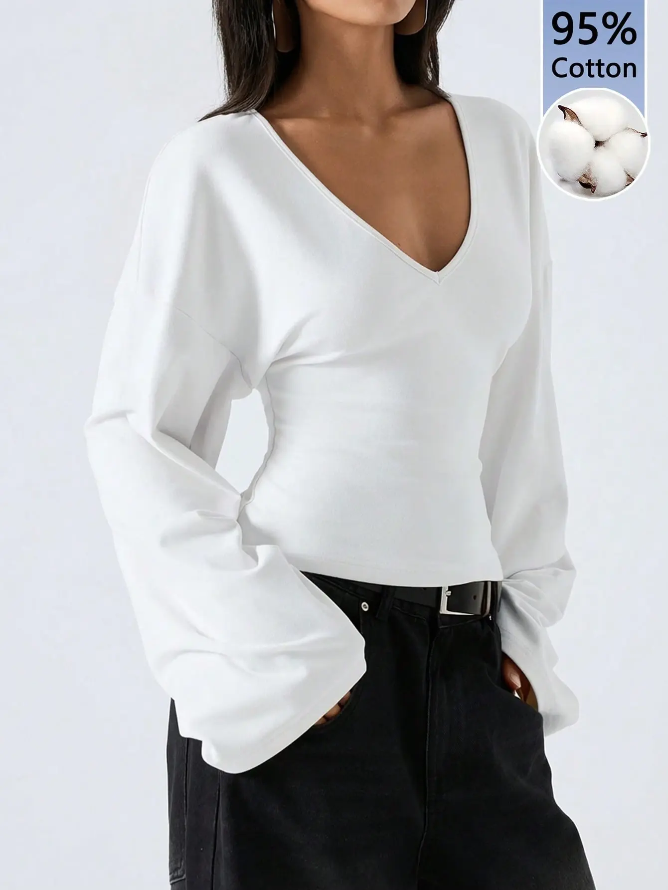 LALUZ Black Flare Sleeve Top Women's Cotton Blend Comfortable Lightweight Chic Trendy Bell Sleeve Basic Tee Going Out Date Night