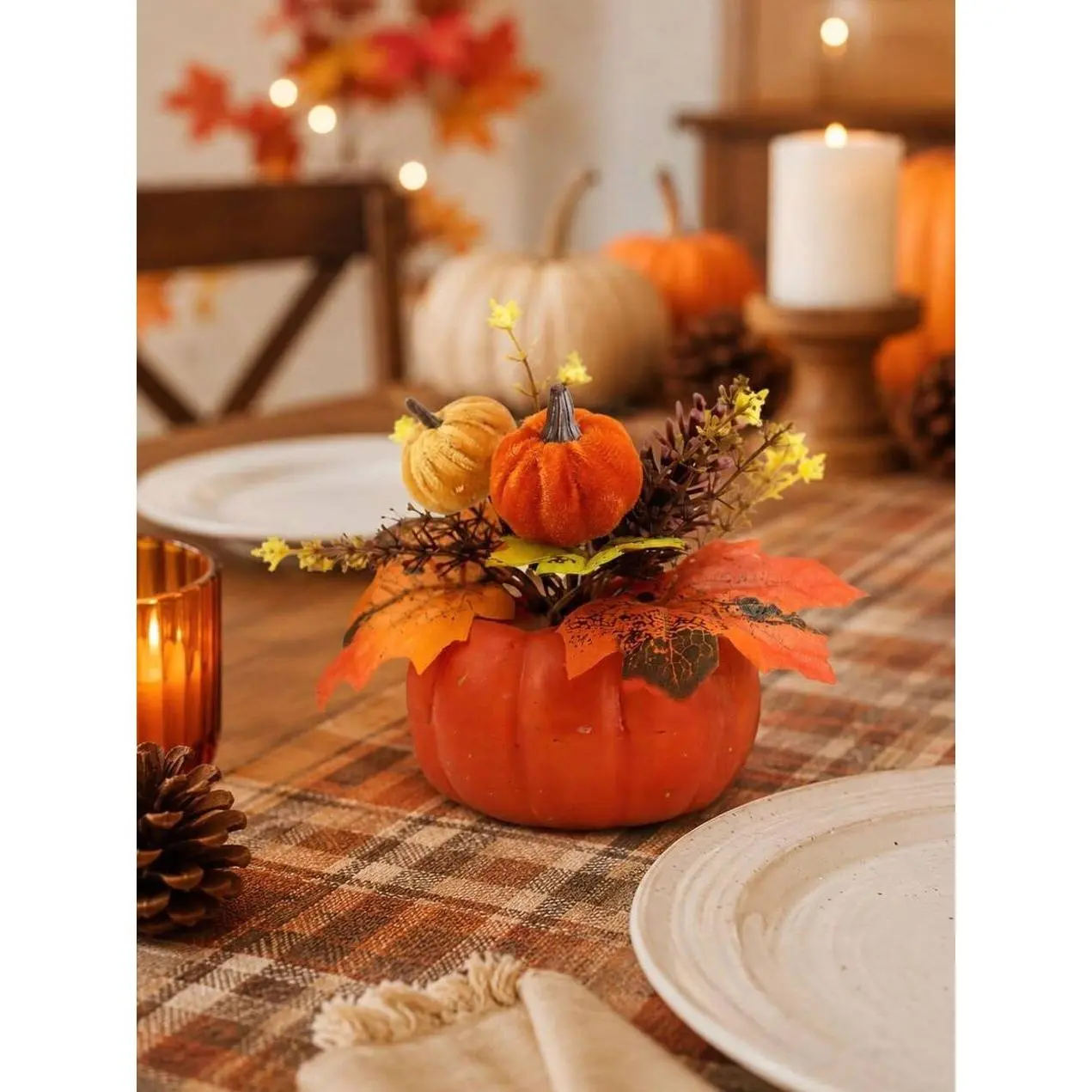 Fall Pumpkin Table Decor, Mini Artificial Pumpkin Centerpiece with Maple Leaves for Thanksgiving Home Decor