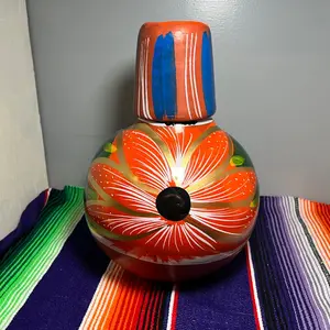 Authentic Mexican Handmade Handpainted Water Pitcher with Cup/Garrafon o Jarro de Barro con Vaso