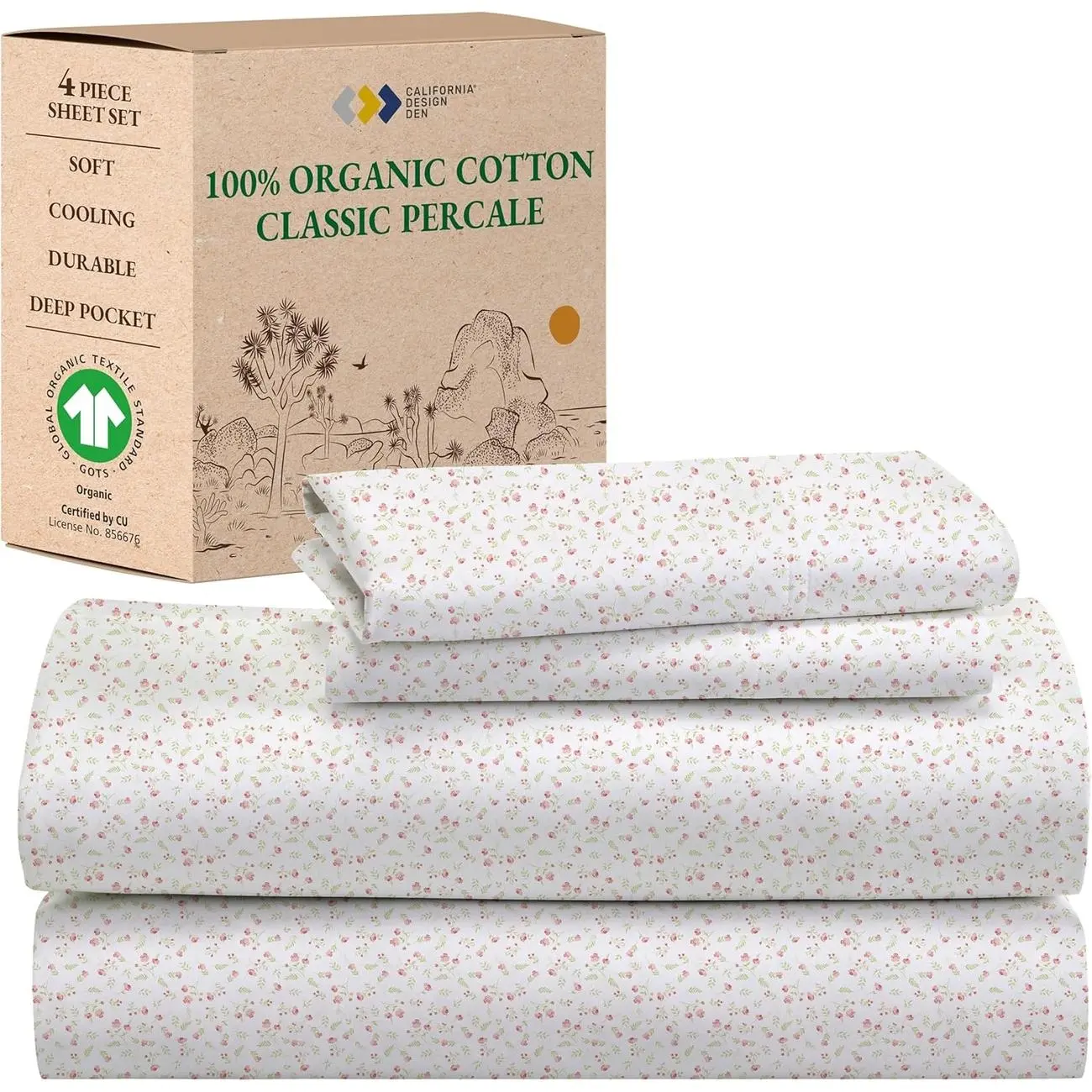 Organic Cotton King Sheets - Crisp Percale, Deep Pockets. California Design Den King Organic Sheets.