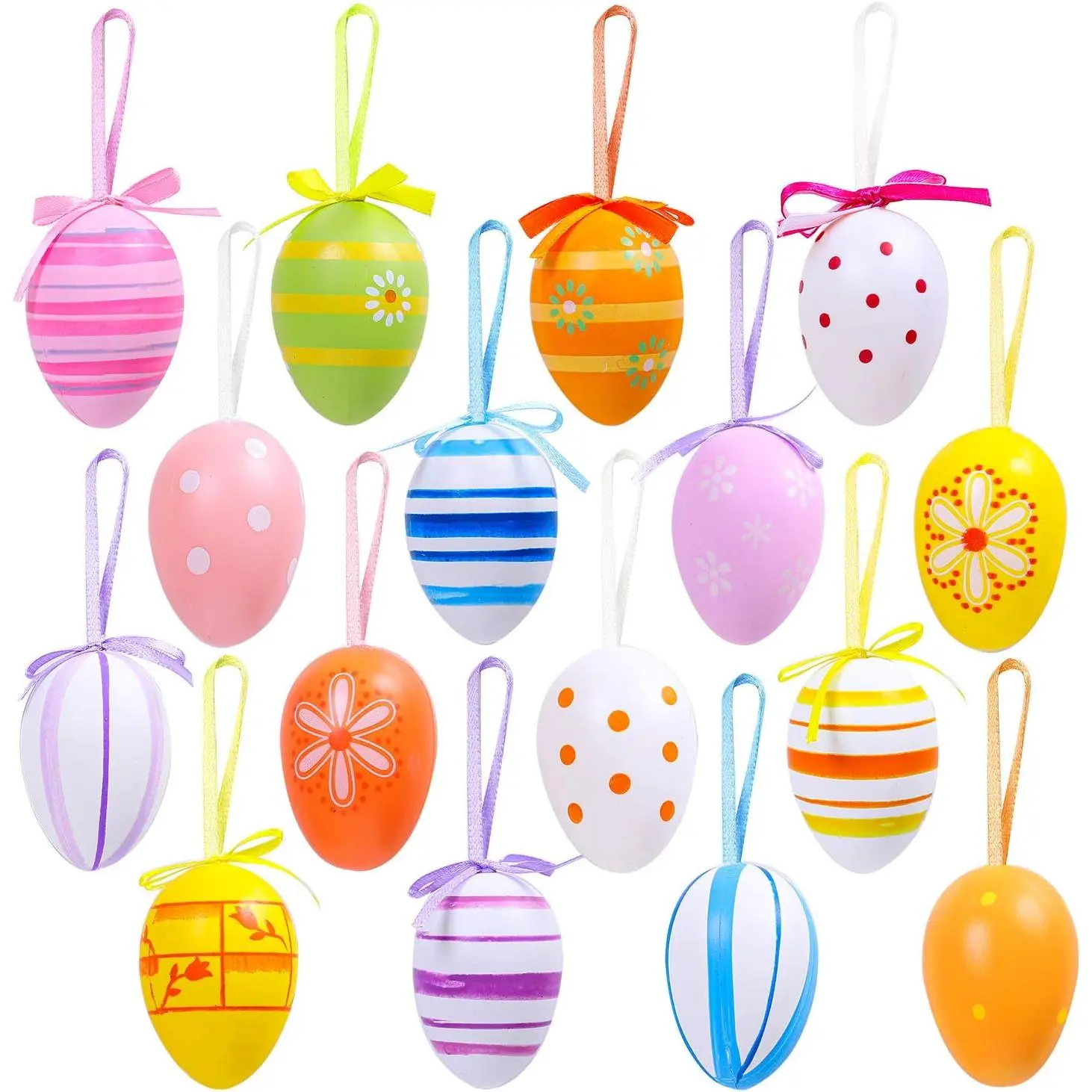 Elcoho 16 Pieces Easter Hanging Eggs Colorful Plastic Hanging Ornaments Easter Decoration, Random Styles
