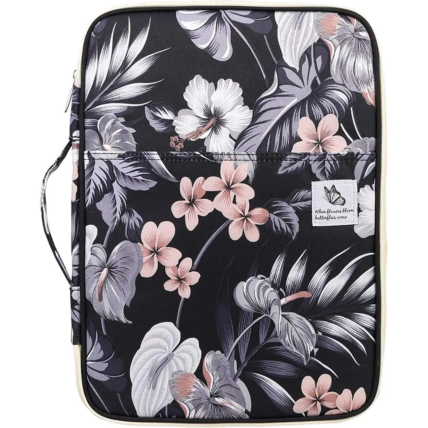 A4 Travel Portfolio Multifunctional Document Organizer Zippered Case for Office Supplies (Mulberry White)
