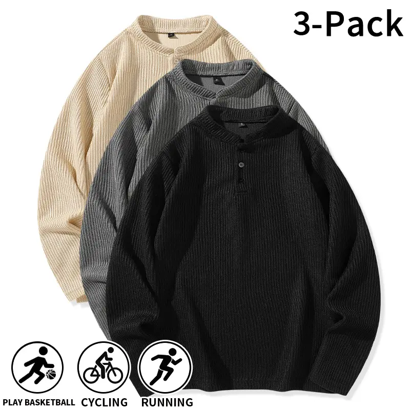 Three-piece set of premium autumn–winter ribbed knit henley collar pullover sweaters for men, in an old-money style, suitable for fitness, commuting, and everyday street-style outfits