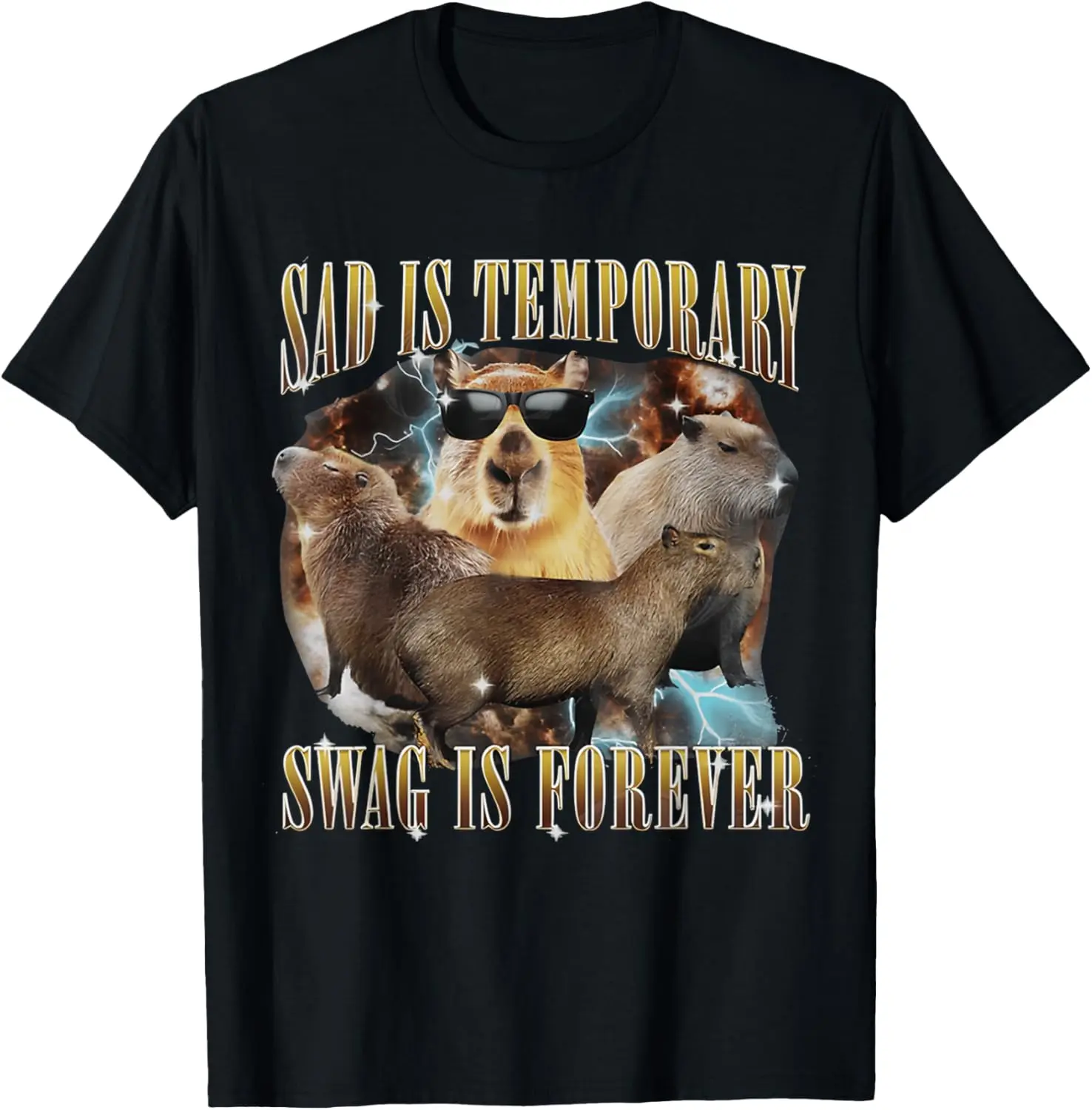 Men's Unisex Soft Pure Cotton Vintage 90s Capybara Graphic Round Neck Short-Sleeve T-Shirt - "Sad Is Temporary Swag Is Forever" Print, Natural, Casual Fitness Sports Top, Summer Gift, Meme Shirts