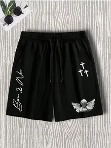 Faith Over Fear Graphic Shorts | Angel & Cross Print Casual Shorts | Loose Fit Daily/Streetwear Shorts for Men Women | Lightweight Breathable Comfortable Trendy Fashion Shorts