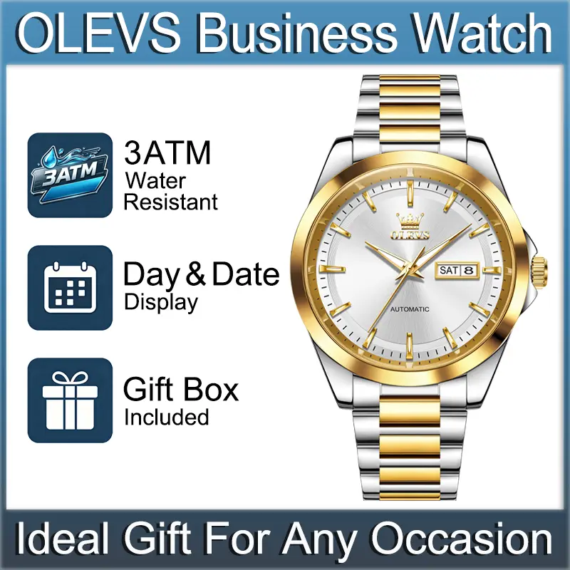 OLEVS 7090 Men's Premium Business Automatic Mechanical Watch - 41mm 2-Tone Metal Link Bracelet, Sunburst Dial, Luminous Hands, Day-Date Dual Calendar, 3ATM Splash-Resistant Formal Dress Wristwatch, Elegant Gift for Fathers