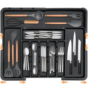 [SUHOPE][Home Essentials Deal]Silverware Organizer Expandable Kitchen Utensil Drawer Organizer with 9 Compartment Large Cutlery Organizer Tray for Forks Knives 13" - 22"W ,14.5" - 19"L