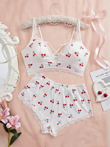 Plus Size Women's Cherry Print Lingerie Set, Adjustable Shoulder Straps with Back Button, Comfortable & Stylish Sleepwear