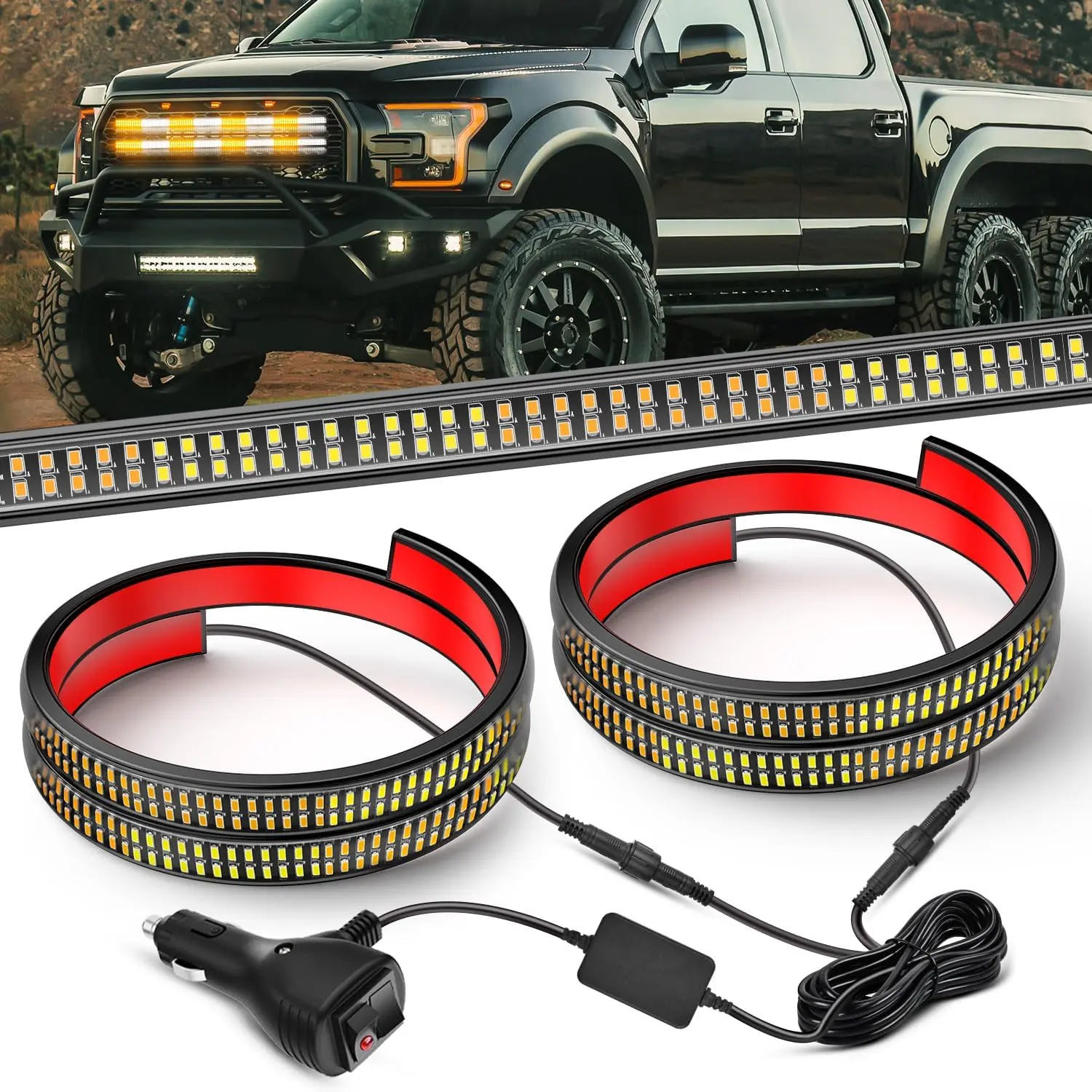 Nilight 2PCS 24-in Truck Grille Strobe Light Strips, 384-LED 2 In 1 Amber-White Flexible Side Flashers with Buckle, Flash Modes, Adhesive Mount, Screws, PVC Hose, Zip Ties, 12V Plug, IP67 Waterproof Work Lighting Kit for Trucks, Ip67 Rated, 24 Inch