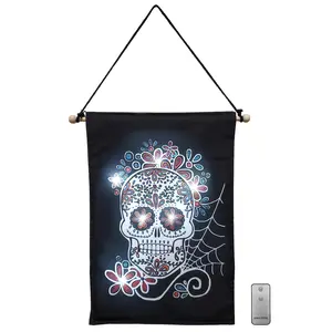 LumaBase Battery-Operated Lighted Wall Banner - Sugar Skull, Remote-Controlled LED Lights, Vibrant Design, Indoor/Outdoor Decor, 12"x18"