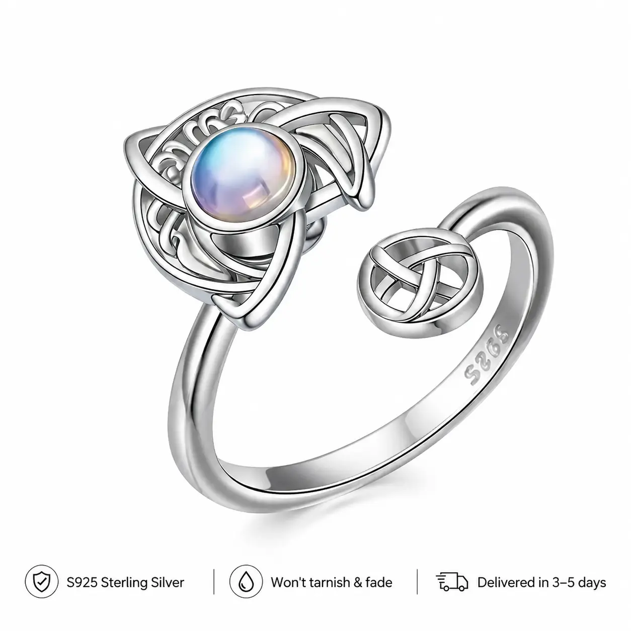 Sterling Silver Spinner Ring for Women, S925 Adjustable Open Ring with Rotating Celtic Knot Moonstone, Anxiety Relief Fidget Ring, Handmade Vintage Jewelry