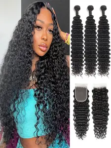 Deep Wave Bundles with Closure Deep Wave Human Hair Bundles and Closure Free Part 100% Unprocessed Virgin Hair 4x4 Lace Closure with Baby Hair Pre Plucked Natural Color