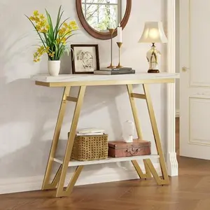 Loftiage Console Table for Entryway, Space Saving Small Entryway Table with Open Shelves, Narrow Sofa Table Behind Couch for Living Room, Hallway, Easy Assembly, Wooden Top, Rustic Brown，Faux Marble with Gold Accents