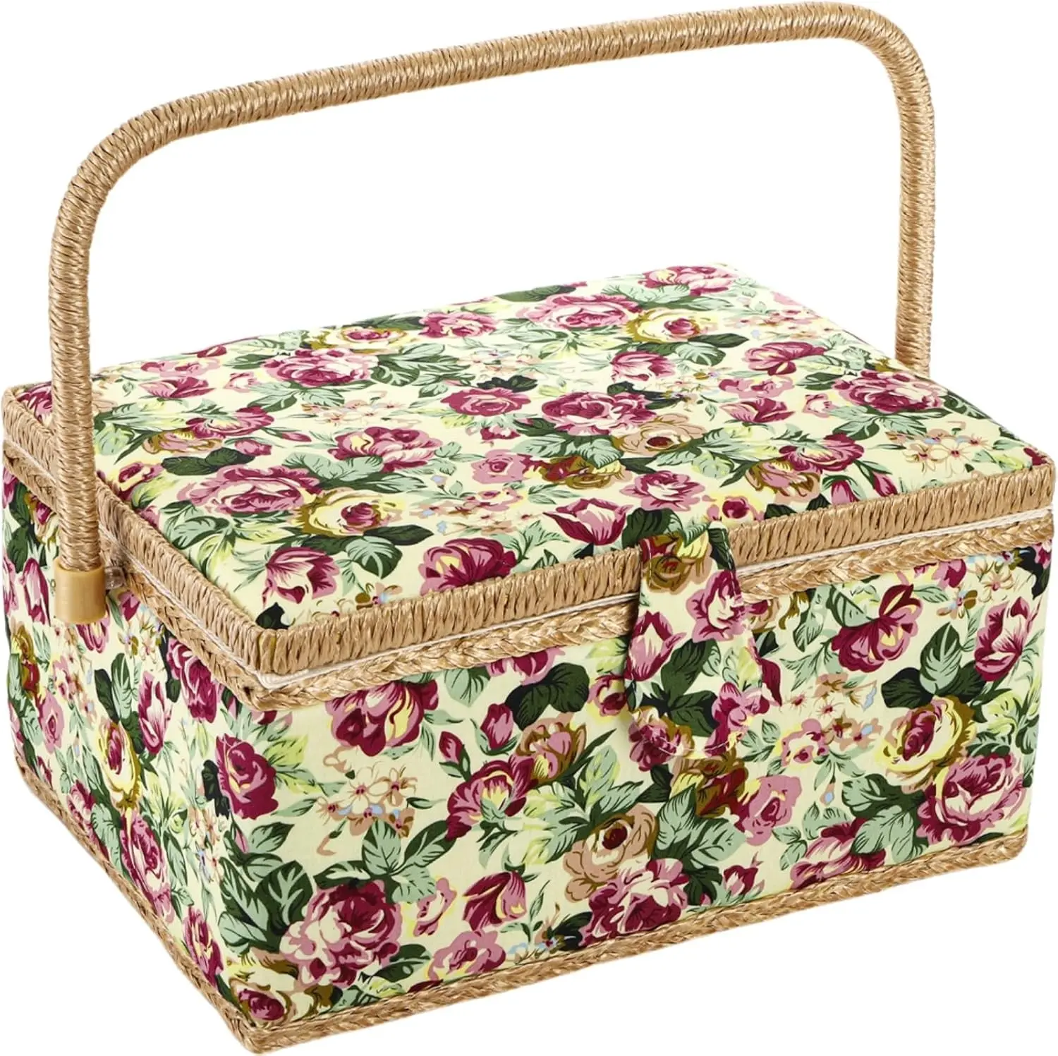 Large Sewing Basket, Vintage Wooden Sewing Box with Removable Tray, Rose Floral Print Design Sewing Kit Storage Box for Sewing Mending, Beginner, Professional, No Accessories