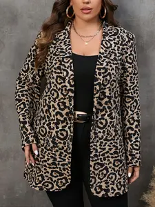 【Plus Size】 Leopard Print Button Front Lapel Neck Blazer, Trendy Blazer, Casual Long Sleeve Outerwear for Fall & Winter, Women's Clothes for Daily Wear