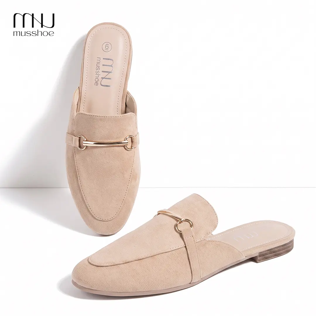 MUSSHOE Women's Backless Mule Loafers - Beige Suede-Look Closed Toe Slip-On Flats with Gold Horsebit, Women's Shoes for Work, Everyday Shoes & Casual Wear Footwear