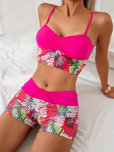 Women's New Dopamine Tropical Floral Print Tankini Set | Ruched Front Drawstring + Adjustable Strap + High Waist Drawstring Shorts | Modest Tummy Control Beach Swimwear, Hot Pink & Red