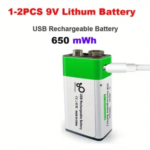 1/2 PCS High Capacity 9V 650 MWh USB Rechargeable Li-ion Battery for Multimeter Microphone, 1.5 H Fast Charge, 1200 Cycle + Type-C Cable