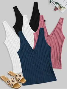 Summer Plain V-Neck Sleeveless Top Set, Slim-Fitting Basic Casual Wear, Four-Piece Pack, Versatile and Comfortable, Casual Chic Sleeveless, Womenswear