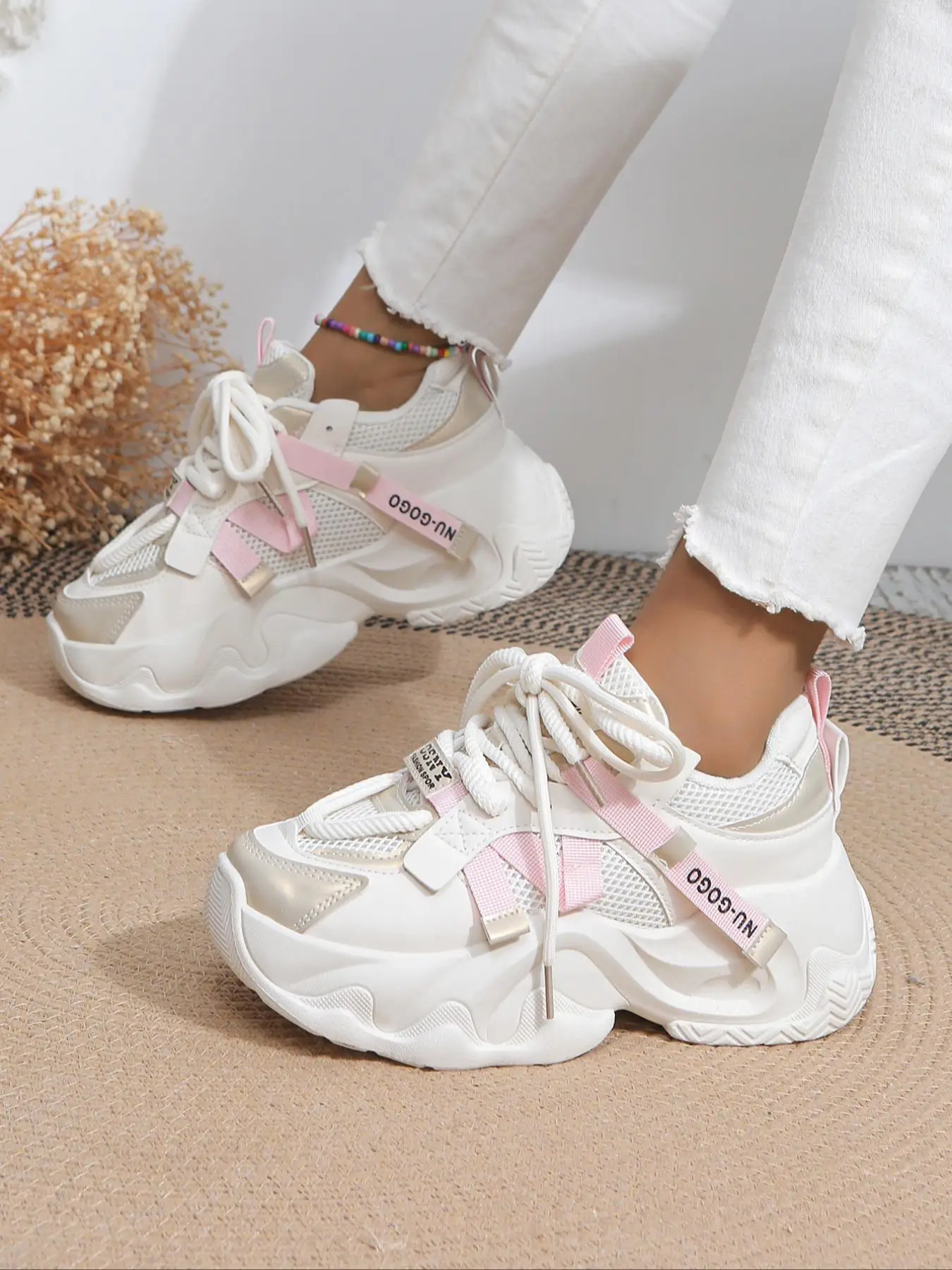 Women's Bootlace Worm Lace Up Front Platform Sneakers, Summer Casual Comfortable Sporty Chunky Sneakers, Round Toe Chunky Sneakers for Daily Walking S