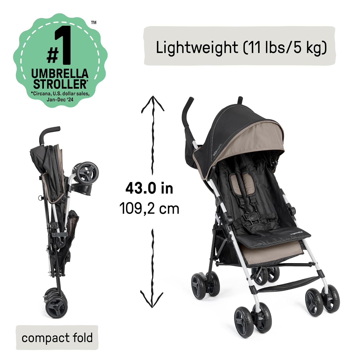 Ingenuity 3D Mini Convenience Stroller – Lightweight Foldable Umbrella Stroller with Storage Basket, Multiple Colors