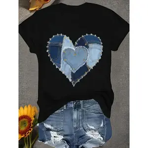 Women's Short Sleeve Round Neck Casual T-Shirt - Heart Denim Print Streetwear Sports Top, Machine Washable, Multi-Season Women's Clothes, Black Tshirt
