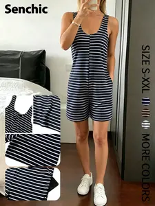 New Striped Casual Design Sleeveless Jumpsuit with Pockets, Loose-Fitting H-Type, Natural Waist, All Seasons Leisure Wear