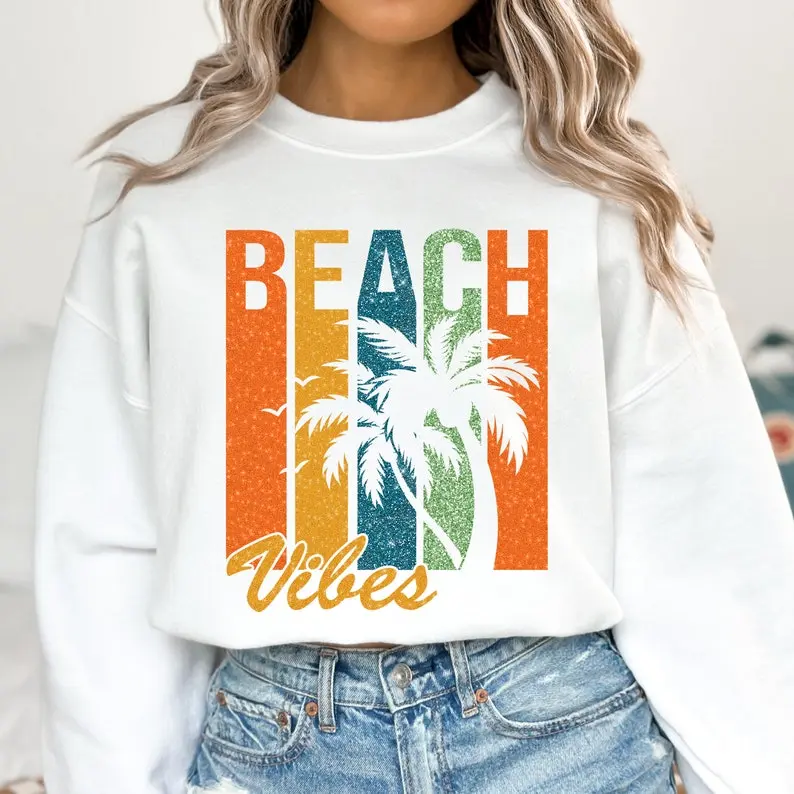 [Sale off up to 50%] Beach Vibes Sweatshirt, Not Glitter Beach, Retro Summer, Hello Summer, Summer Shirt, Tropical Palm Tree Sunset, streetwear graphic tee