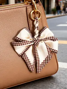 Chic Retro Houndstooth Bow Keychain with Handmade Braided Rope, Elegant Small Charm for Shoulder and Crossbody Bags, All Seasons Fashion, Handcrafted