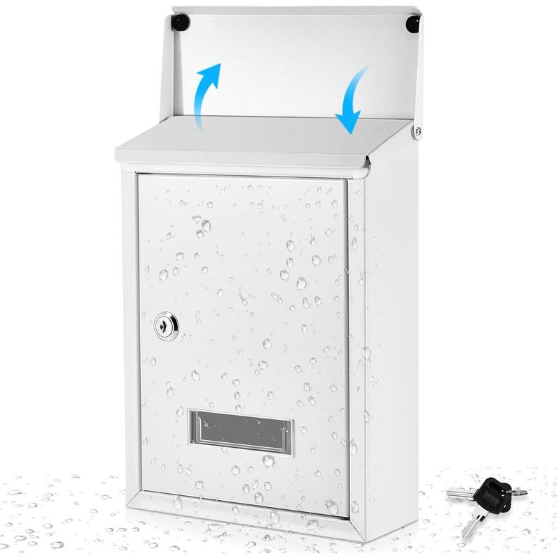 Weatherproof Mail Boxes with Key Lock,  Locking Wall Mount Metal Mailbox with Slot for Outside, Large Capacity for Mail, Packages, Donations, Voting 11.8" H x 8.3" L x 2.8" W, White
