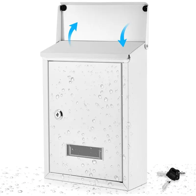Weatherproof Mail Boxes with Key Lock,  Locking Wall Mount Metal Mailbox with Slot for Outside, Large Capacity for Mail, Packages, Donations, Voting 11.8" H x 8.3" L x 2.8" W, White