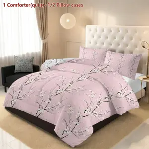 3-piece Plum Blossom Lightweight Branches Double-Sided Printed Quilt Set (1 Quilt + 2 Pillowcases without Pillow Inserts), available in multiple sizes including Twin, Full, Queen, and King. Featuring U-shaped quilting, it contains 200gsm filling, offering