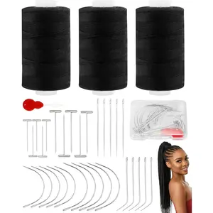 3 Rolls Hair Extension Thread with 30 PCS T/C/J/I Needles, Black Hair Weave Threads, Sew in Needle and Thread for Hair Extensions, Hand Sewing, Making Wigs DIY-450yd