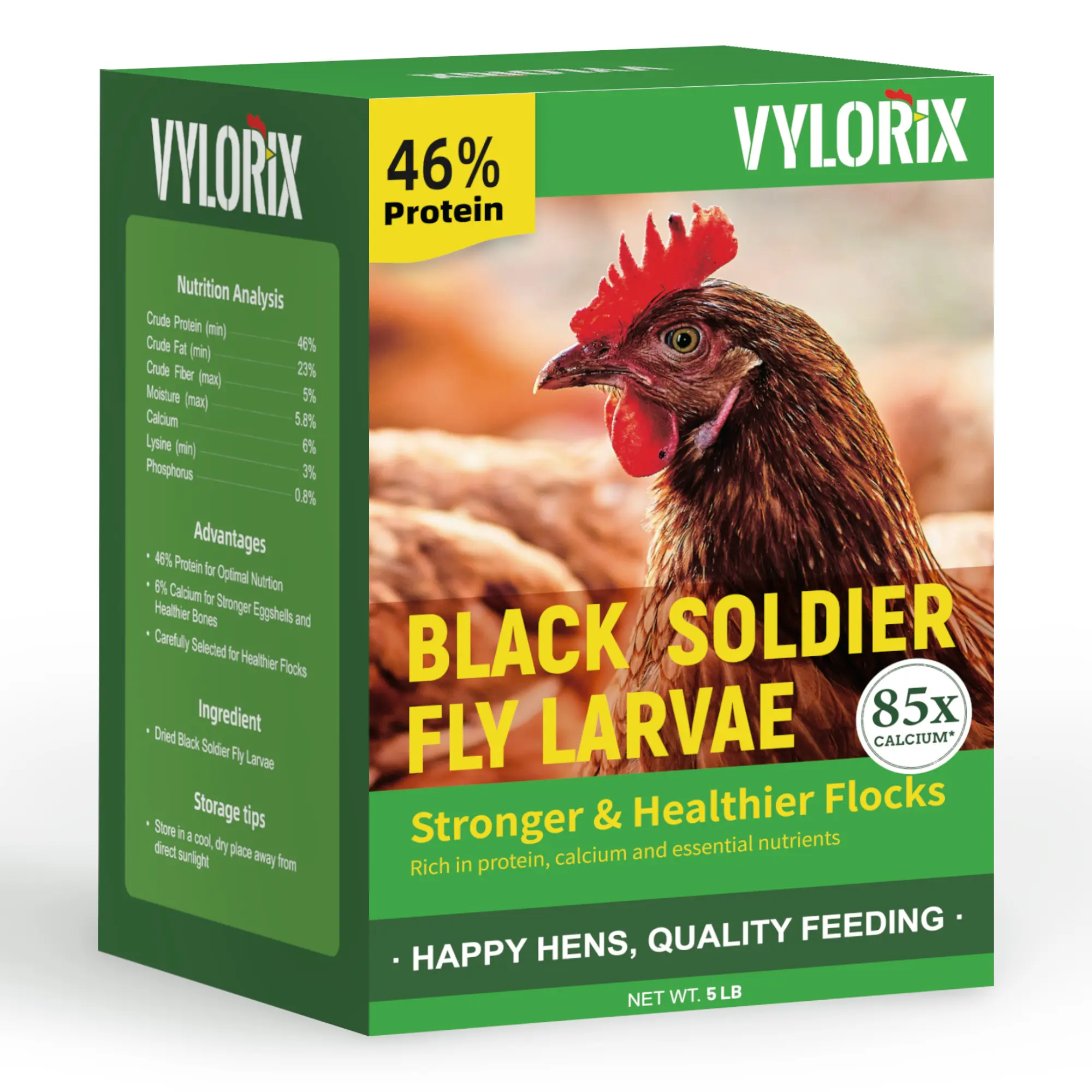 Vylorix 5LBS Dried Black Soldier Fly Larvae Chicken Treats, High-Protein BSFL Grubs with 46% Protein & 6% Calcium, Helps Support Eggshell Quality, Bone Maintenance & Feather Condition, for Chickens, Ducks, Birds & Reptiles