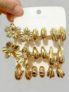 Exaggerated Eternal Flower, Large C-Shaped, 5-Petal Flower, Butterfly Series Earring Set, Suitable For Daily And Festival Wear, ABS Resin Material With UV Plated Non-Fading Gold, Butterfly Earrings, Ear Hook Design, Trendy Jewelry