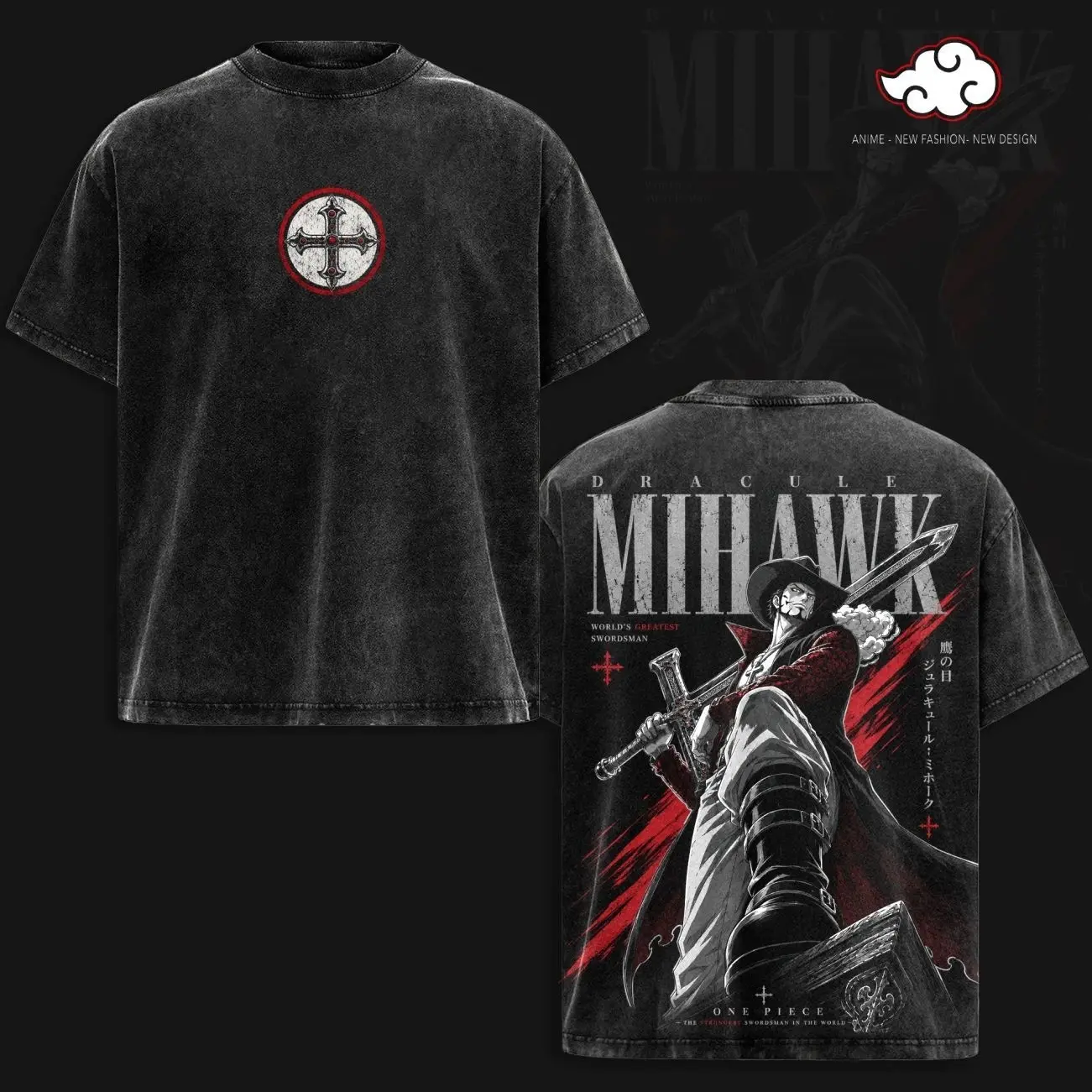 Dracule Mihawk OP Anime T-Shirt Vintage Acid Wash Oversized Graphic Tee World's Greatest Swordsman Streetwear Gift for OP Fans ELV
