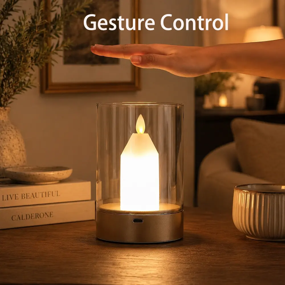 Small Candle Table Lamp, Battery-Operated Flameless Tea Lights Cordless Gesture Sensor Control Sunset Night Light Lamp Flameless Candle Dimmable Table Candle Lantern Rechargeable Warm Light Lamp for Bedroom/Restaurant/Cafe