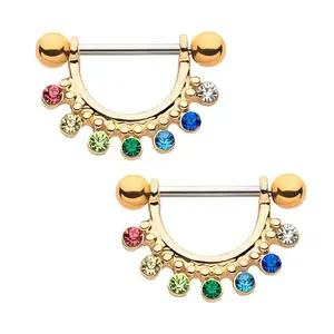 Gold PVD Rainbow CZ Beads Nipple Ring Barbell