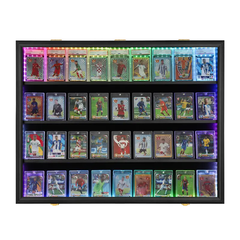 IHEIPYE LED Baseball Card Display Case 36 Graded Sports Card Frame with UV Protection Clear View Lockable Wall Cabinet for Football Basketball Trading Cards Horizontal Wood