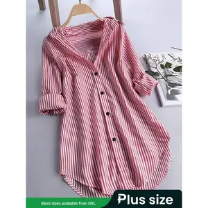 Plus-size women’s striped button-up shirt, loose long-sleeved casual top, suitable for all seasons, perfect for office and everyday wear GARMENTARY