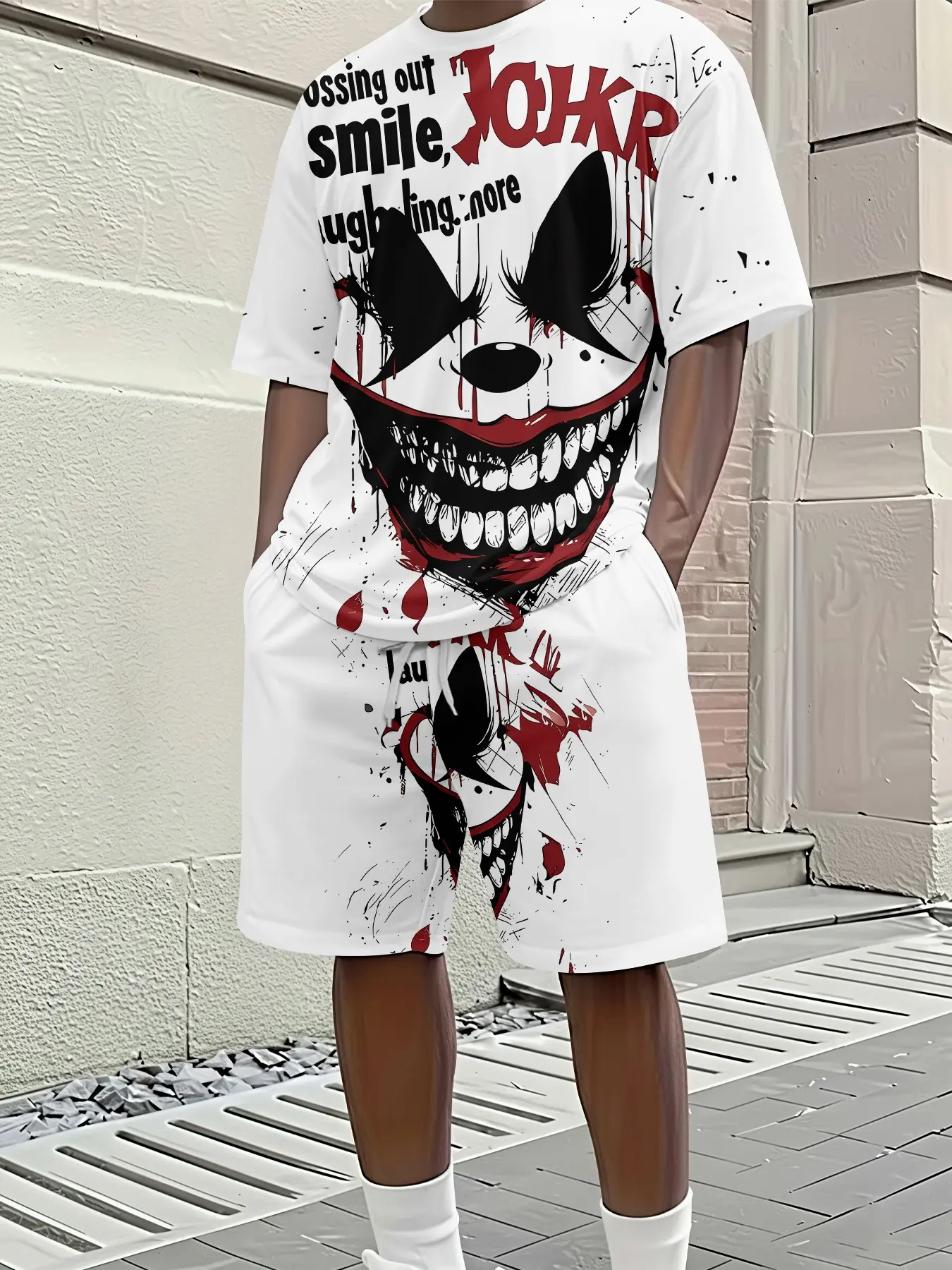Dark Clown Graffiti 3D Digital Graphic Print Two-piece Set, 2Pcs, Trendy Fashion Outfit, Retro Casual Two-piece Suit, Vacation-style Trendy Wear, Breathable Sports Casual Style, Perfect Festival Gift for Men