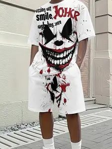 Dark Clown Graffiti 3D Digital Print Two-piece Set, 2Pcs, Clothes, Menswear, Trendy Fashion Outfit, Retro Casual Two-piece Suit, Vacation-style Trendy Wear, Breathable Sports Casual Style, Perfect Festival Gift for Men