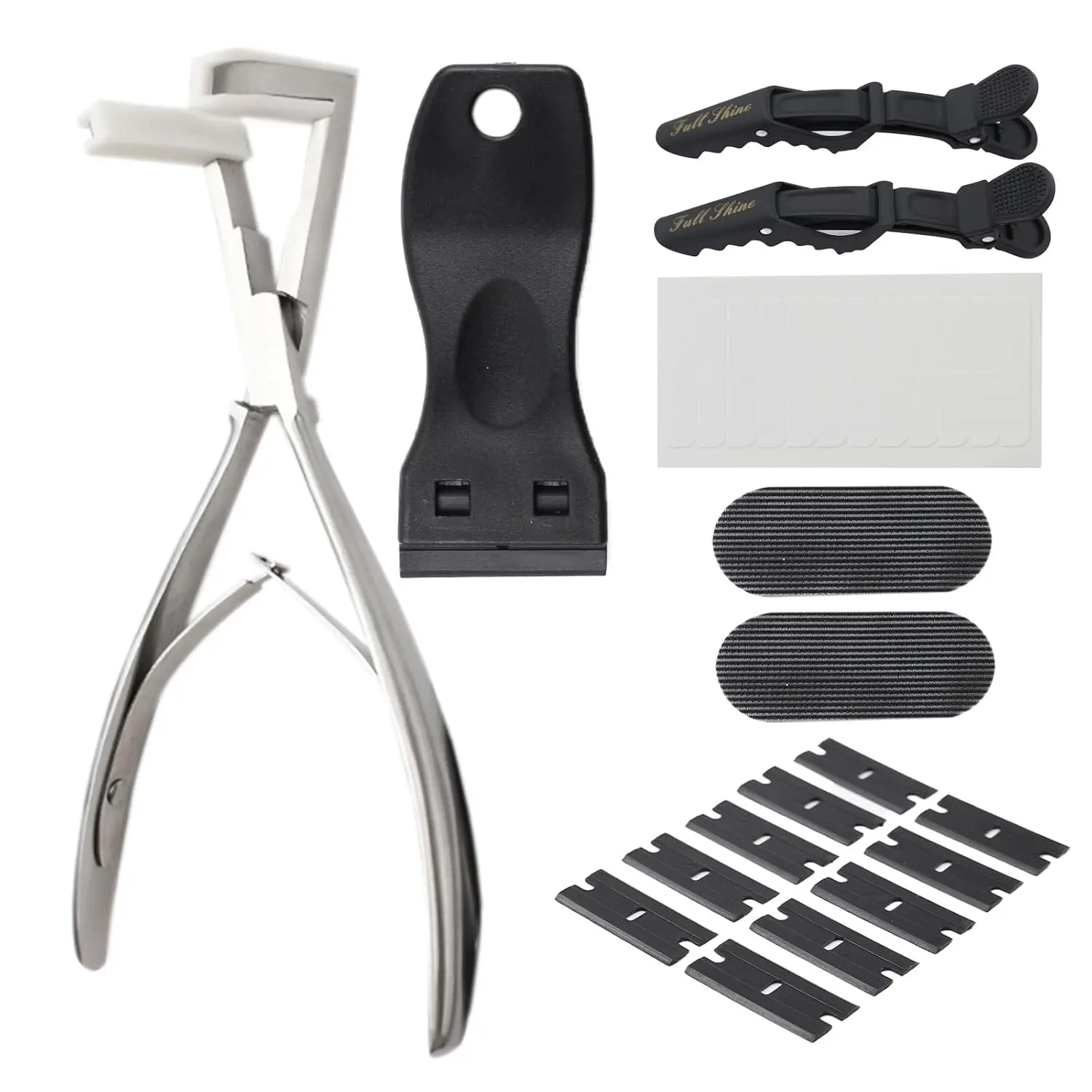 Full Shine Tape in Hair Extension Tools Kit With Sealing Clamp Plier, Tape Remover Scraper, Replacement Tape, Hair Pads and Clips, Black Rat-tail Comb backtoschool
