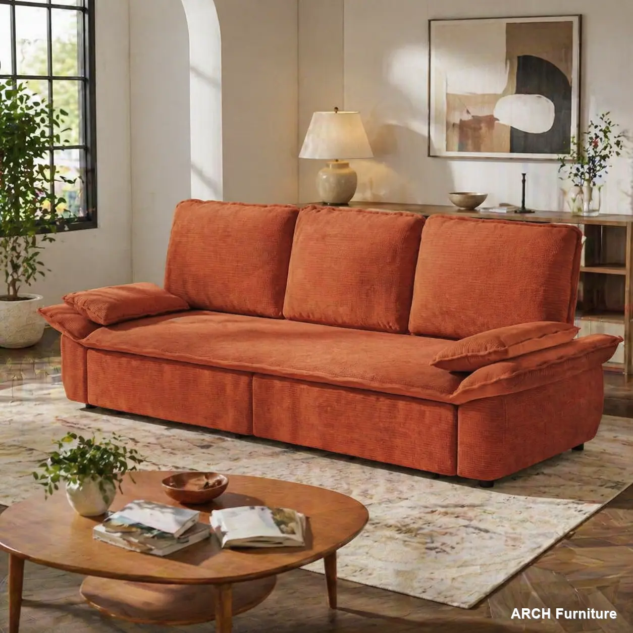 94.5-in Width Iron & Plywood Sturdy Frame Comfy Couch - 3-in-1 Convertible Sofa Living Room Furniture, Solid Corduroy, Sponge Cotton Cushion, Pull-Out King Size Folding Sofa Bed Sleeper, Space Saving Modern Orange Indoor Kids Furniture, Requires Assembly,