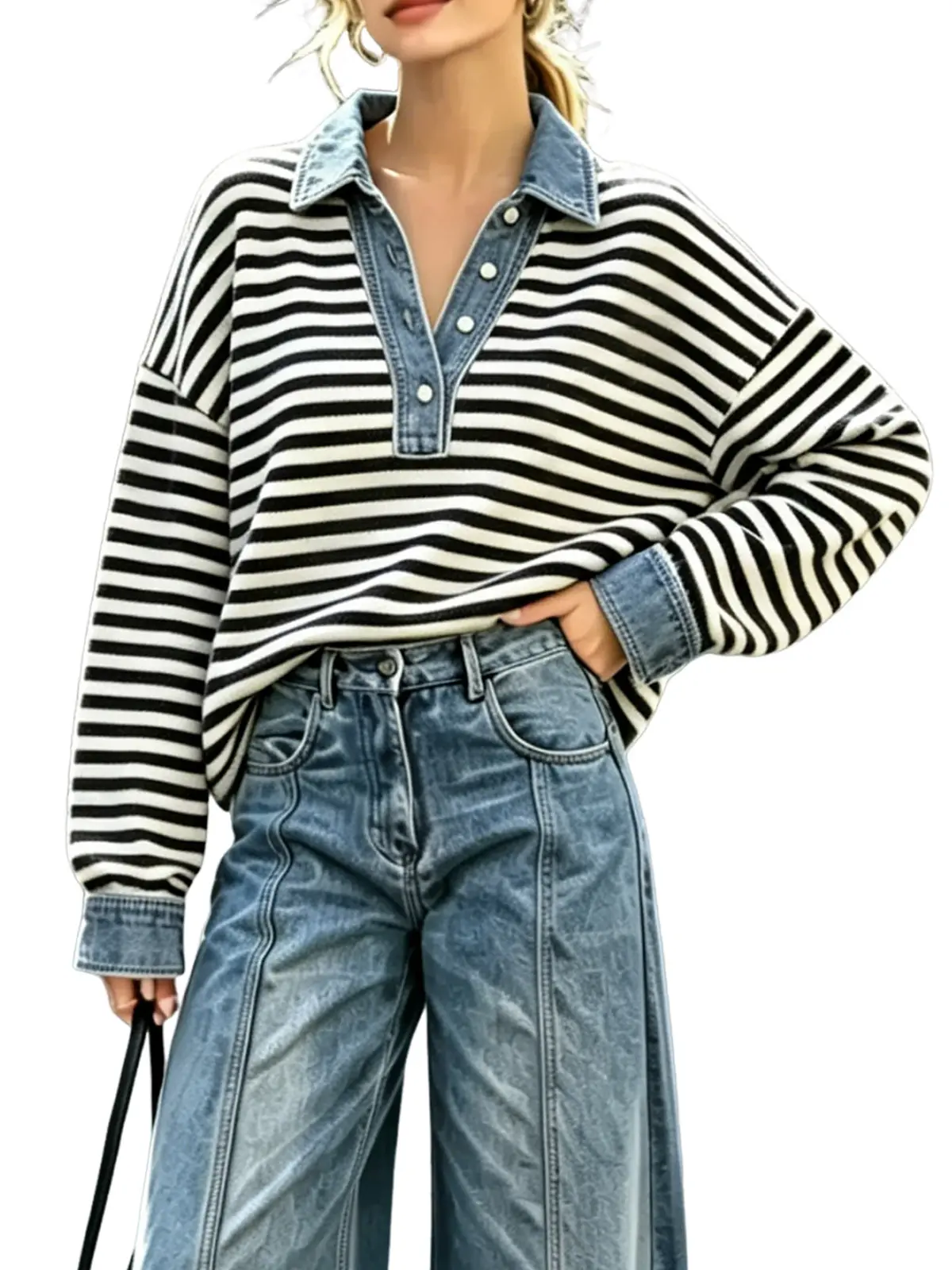 utcoco Women's Thick Soft Fashion Cute Oversized Loose Baggy Knit Jumper - Striped Denim Patchwork Lapel Button Sweatshirt, 2026 Trendy Fall-Spring Casual Fit Top (Pairs with Skirts)