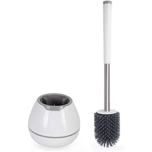 Toilet Brush and Holder Set, Silicone Toilet Bowl Cleaner Brush, Bathroom Cleaning Kit with Tweezers, Bathroom Accessories with Aluminum Handle - White