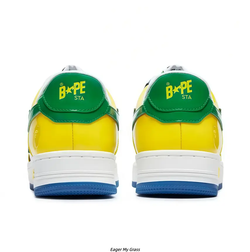 Yellow Blue Green Color Block Gloss PU Leather Casual Skate Sneakers for Men Women, White Layer Flat Cushion Sole Shock Absorb Blue Anti-Slip Rubber Daily Walking Board Shoes